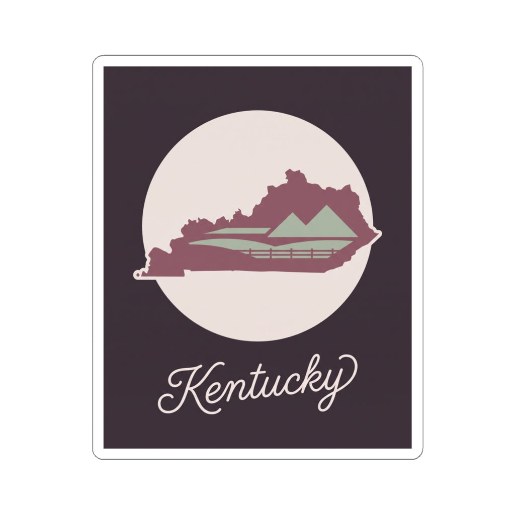 Kentucky silhouette vinyl decal featuring a mauve state map, bridge lines, and cursive Kentucky lettering