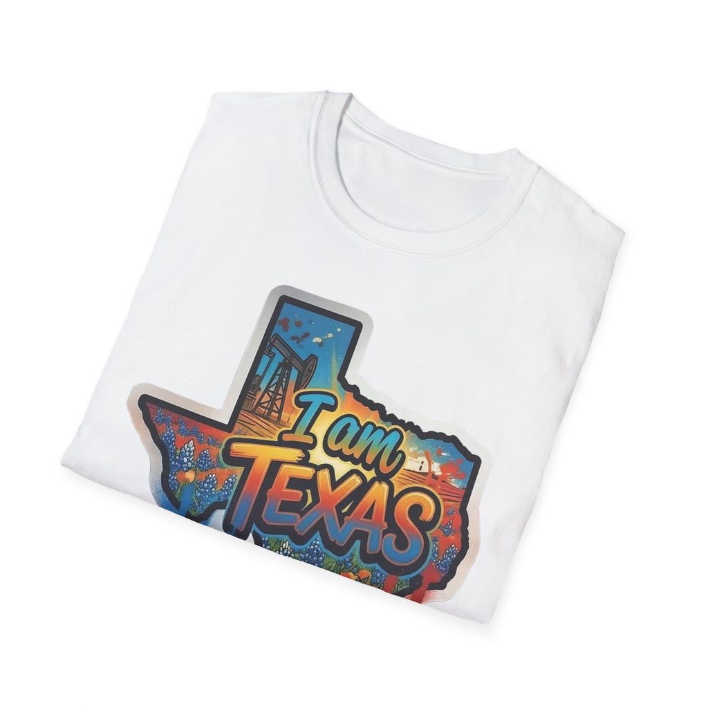 White T-shirt with colorful Texas state outline graffiti 'I am Texas' graphic