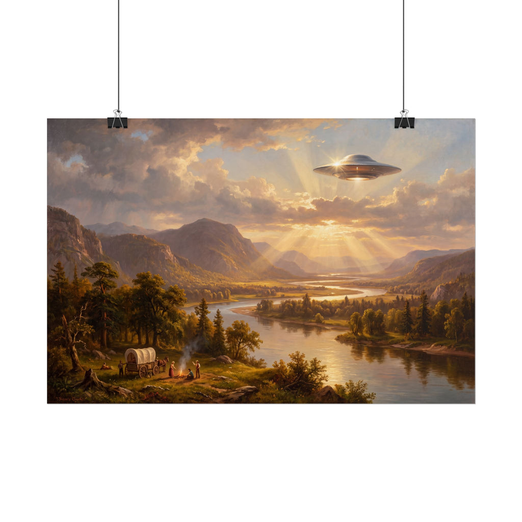 Sunset valley poster with a glowing alien saucer above mountains and a river