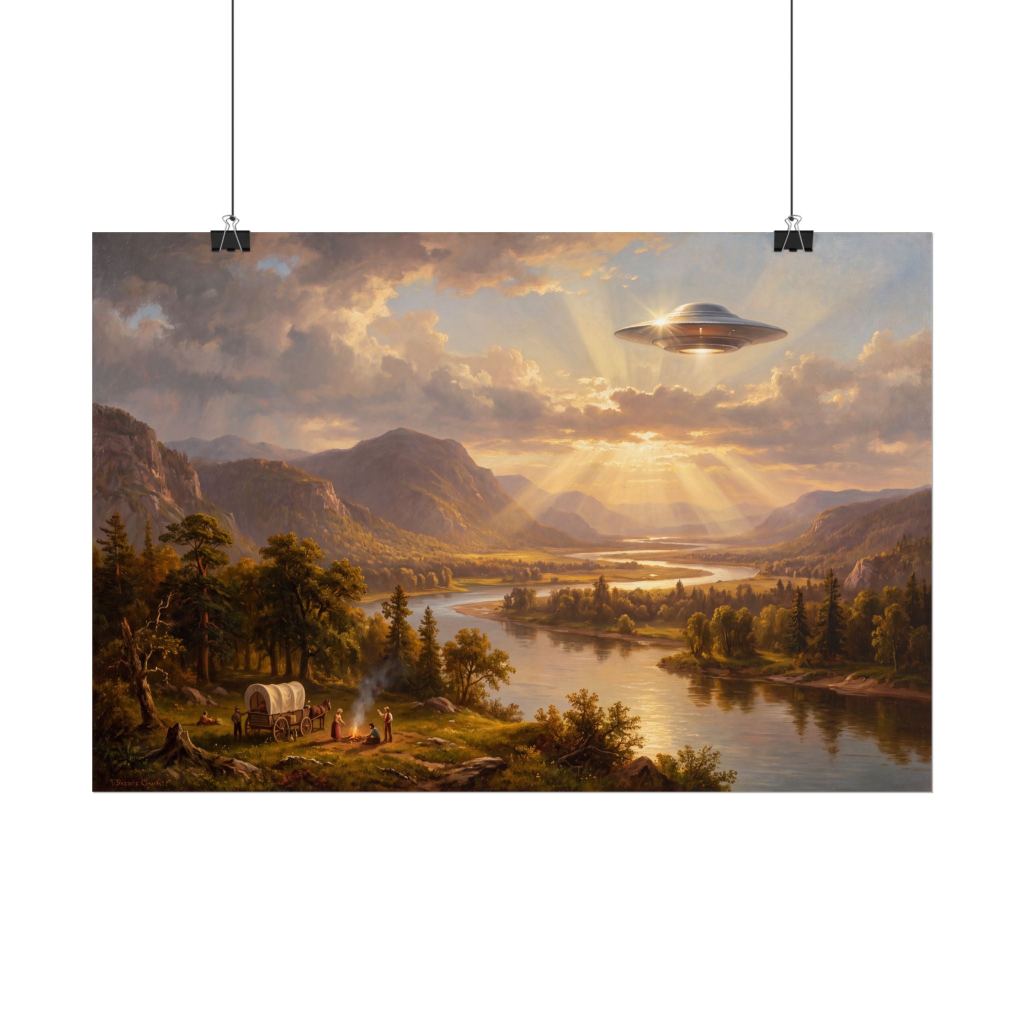 Sunset valley poster with a glowing alien saucer above mountains and a river