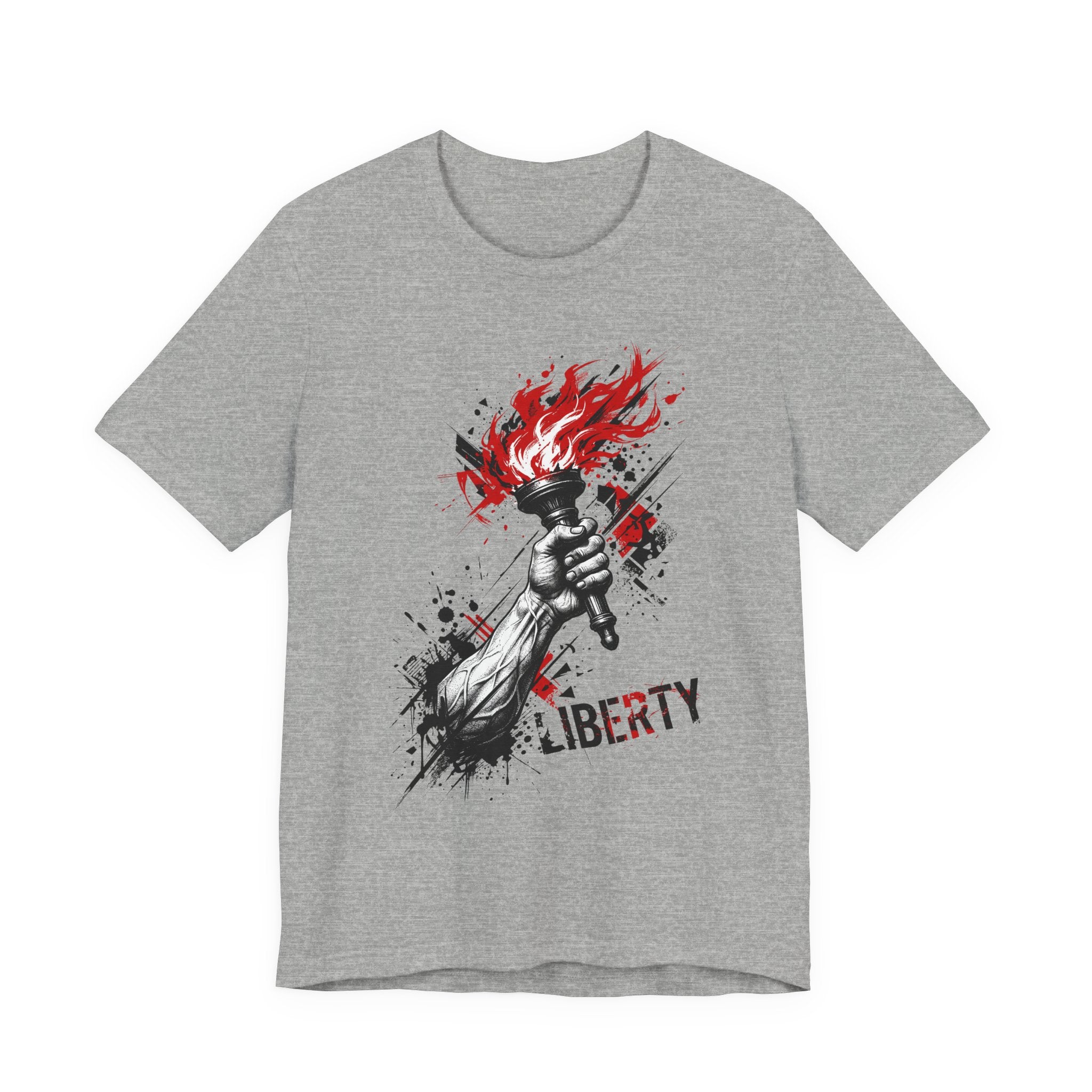 Medium grey crewneck T-shirt with flaming torch statue graphic and distressed “LIBERTY” text