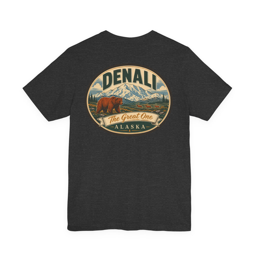 Dark charcoal short-sleeve crew neck t-shirt with large oval Denali graphic
