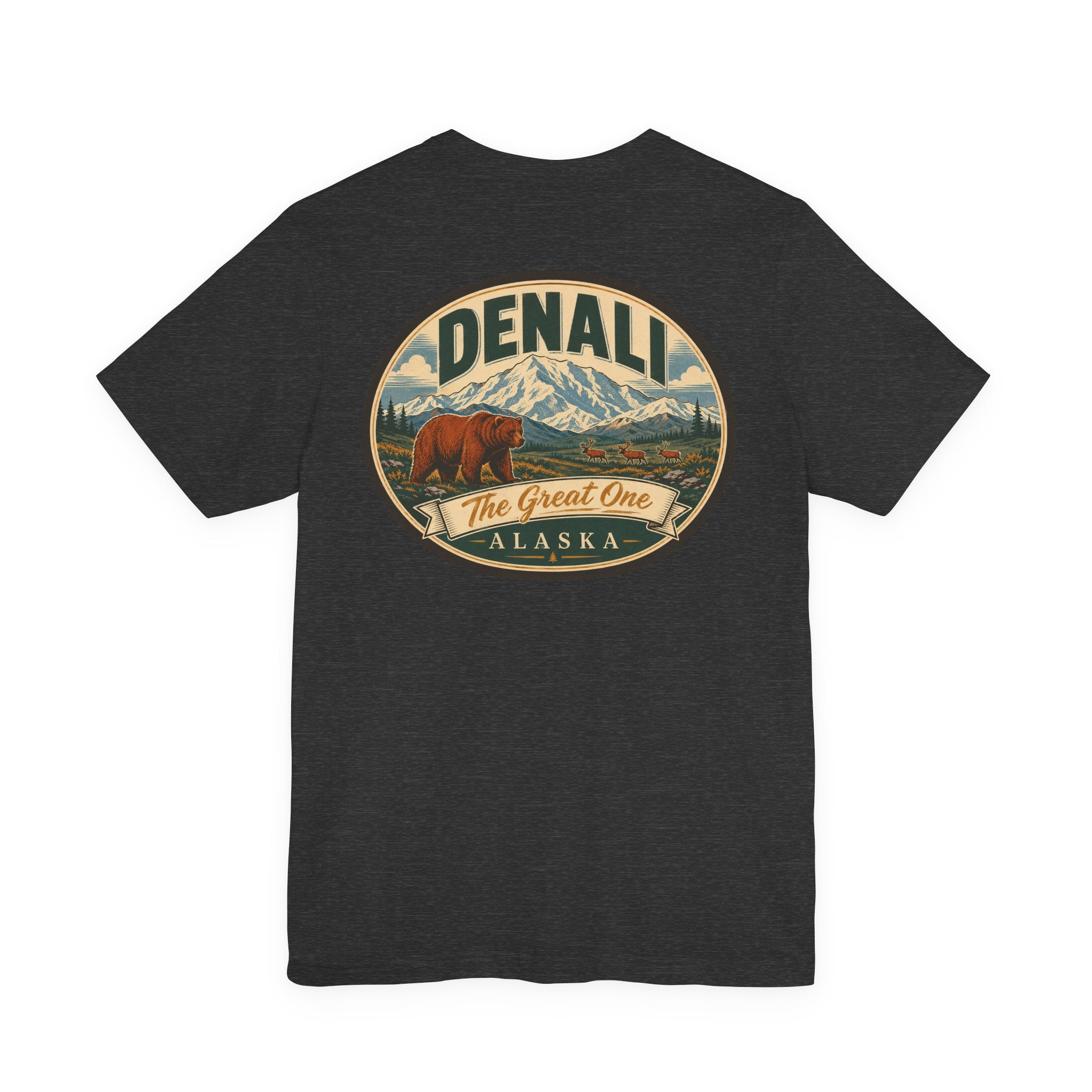 Dark charcoal short-sleeve crew neck t-shirt with large oval Denali graphic