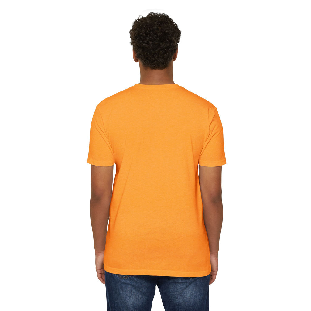 Orange crewneck T-shirt on a person, plain back with no visible graphic