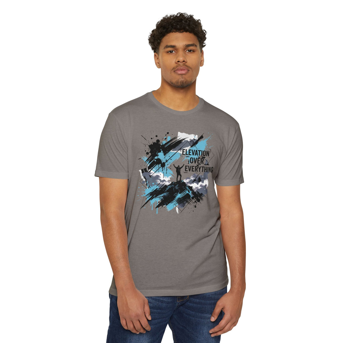 Men's mountain climber t-shirt, medium gray with blue/black chest graphic (front view)