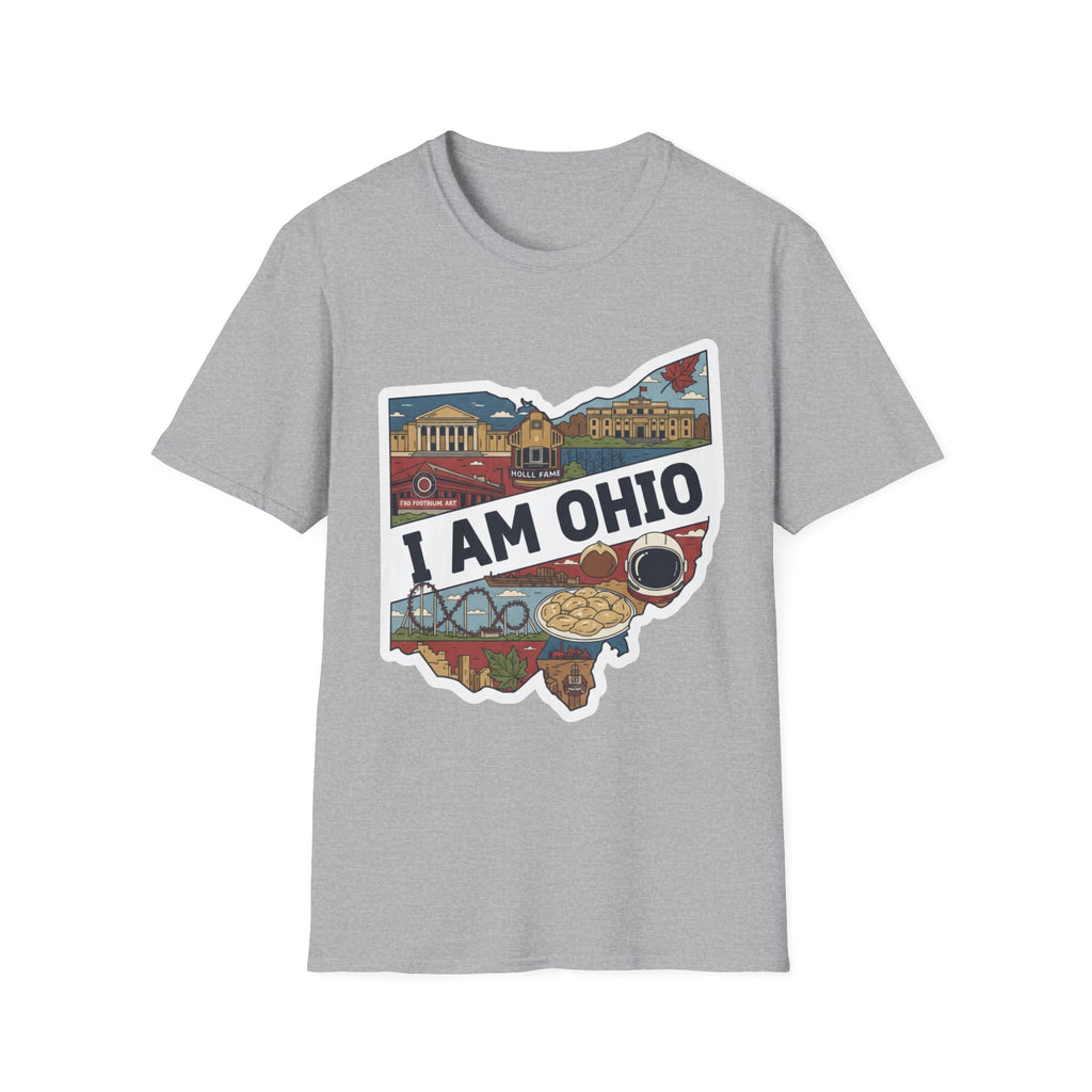 Sport Grey I Am Ohio T-shirt with Ohio state map graphic and food landmarks