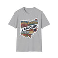 Sport Grey I Am Ohio T-shirt with Ohio state map graphic and food landmarks