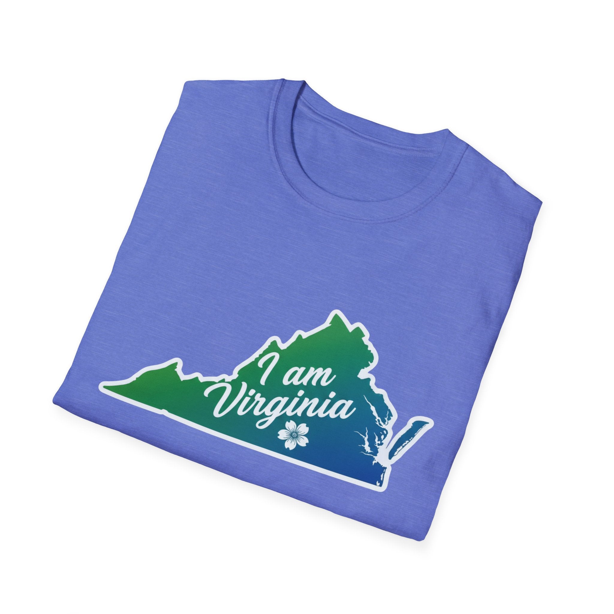 Blue T-shirt with “I am Virginia” state graphic in green and blue