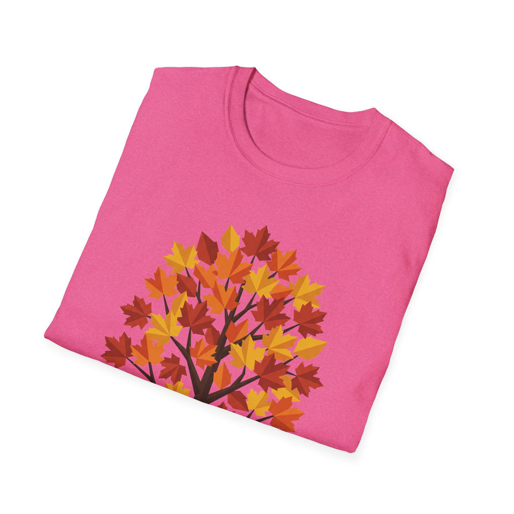 Rosa T-Shirt mit buntem Ahornblatt-Baum-Print in Orange, Gelb und Rot