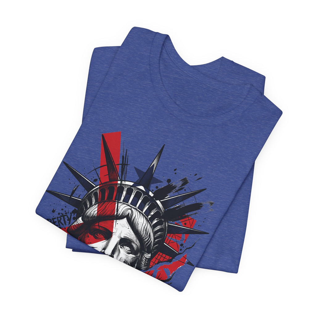 True royal blue crewneck T-shirt with Statue-style head graphic, front view