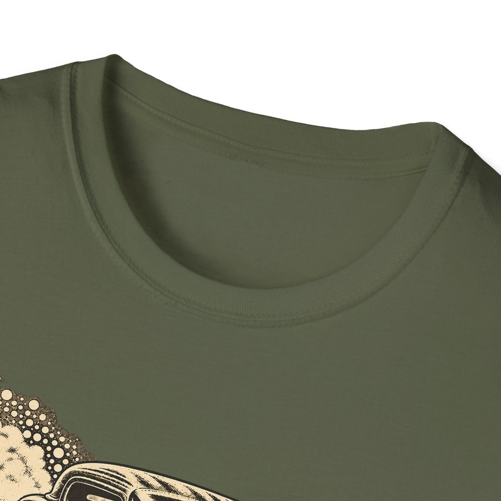 Military green short-sleeve T-shirt neckline close-up, no front graphic visible