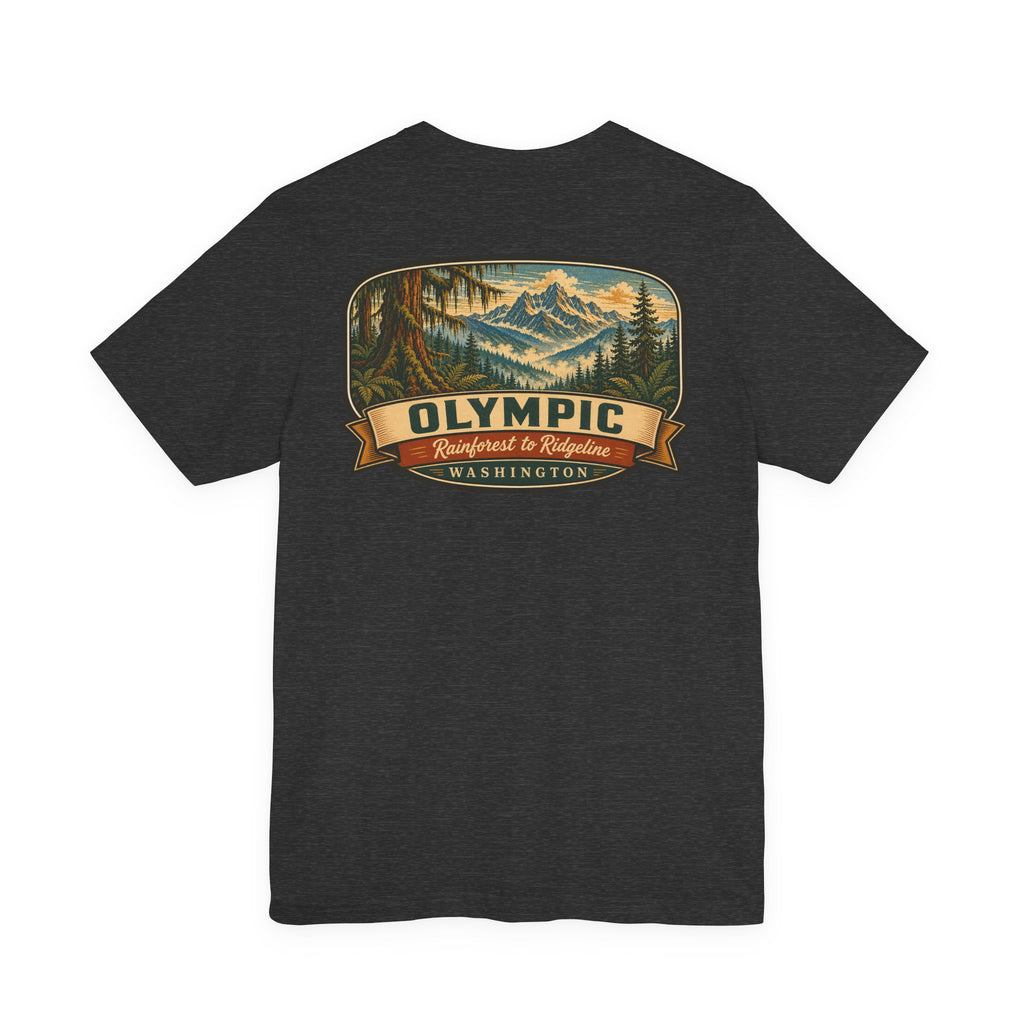 Black heather t-shirt with large circular mountain National Park graphic on the chest.