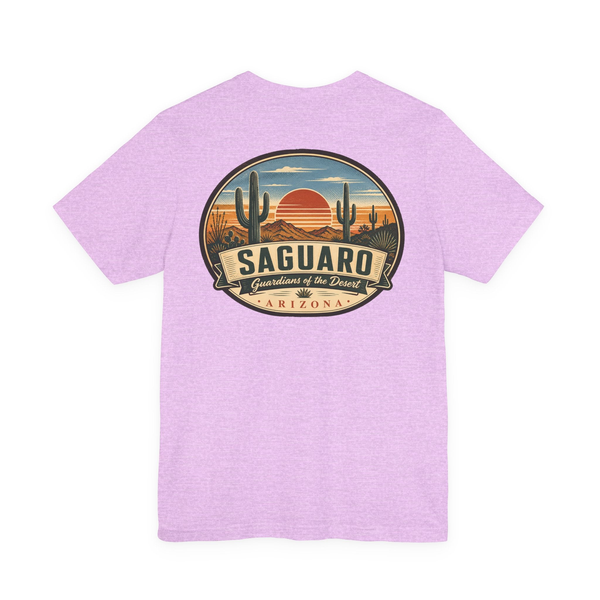 Saguaro desert graphic T-shirt in lavender, front chest logo with saguaro cactus and sun