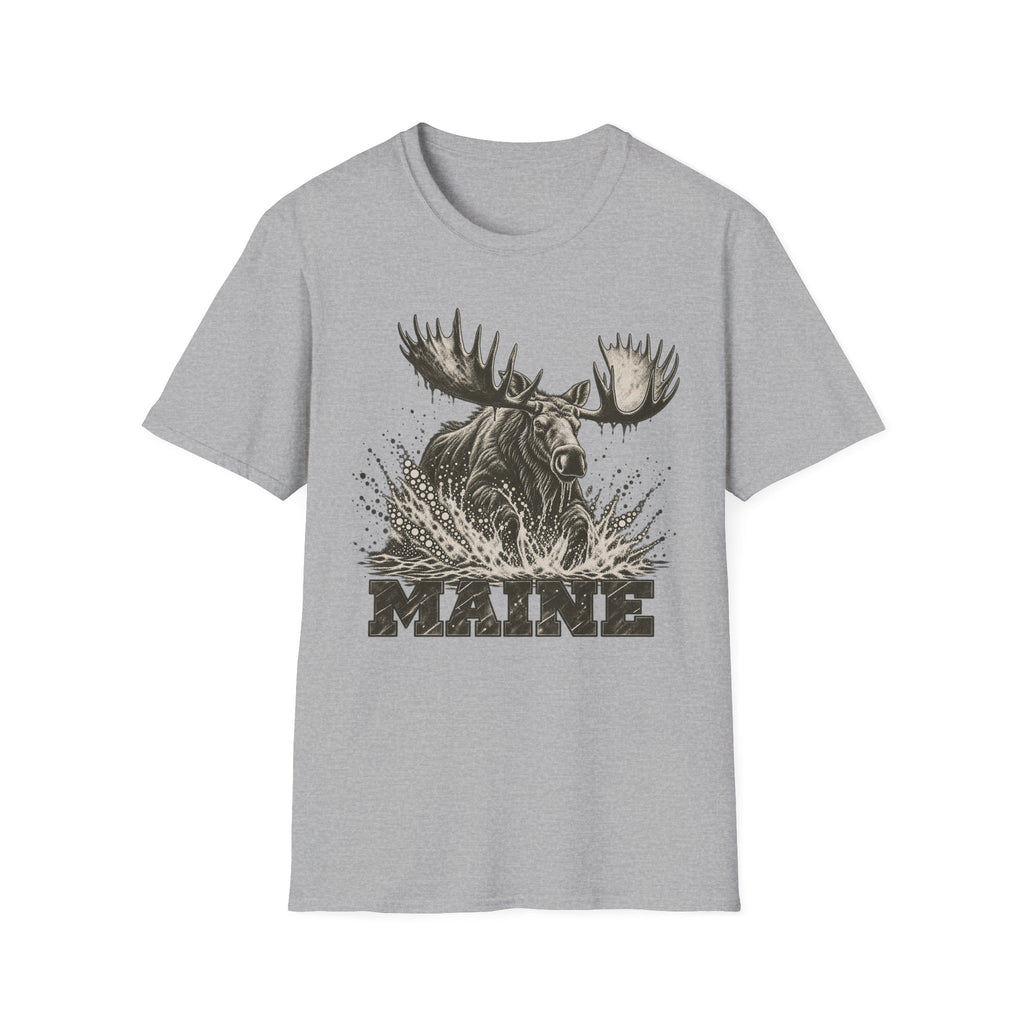 Grey moose graphic t-shirt with antlers splash and “MAINE” text