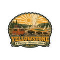 Yellowstone sticker with vintage bus, bison, geyser plume, and sun; text: Wyoming Montana Idaho