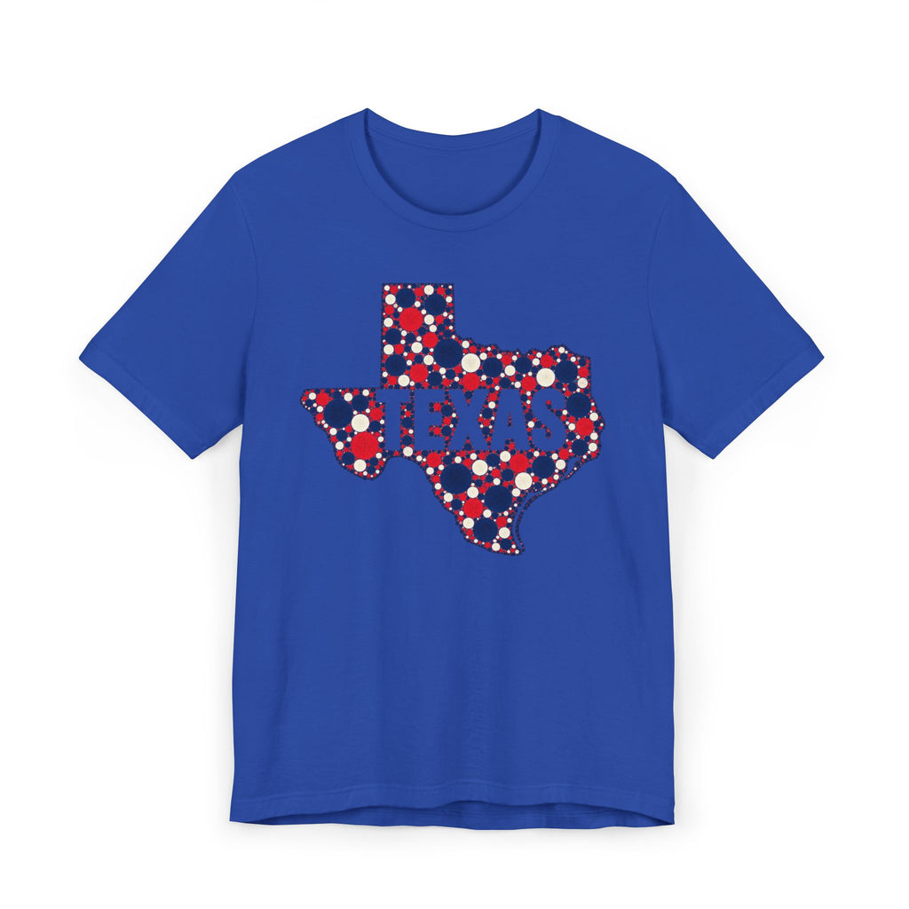 Royal blue Texas map graphic T-shirt with polka dot outline and “TEXAS” text