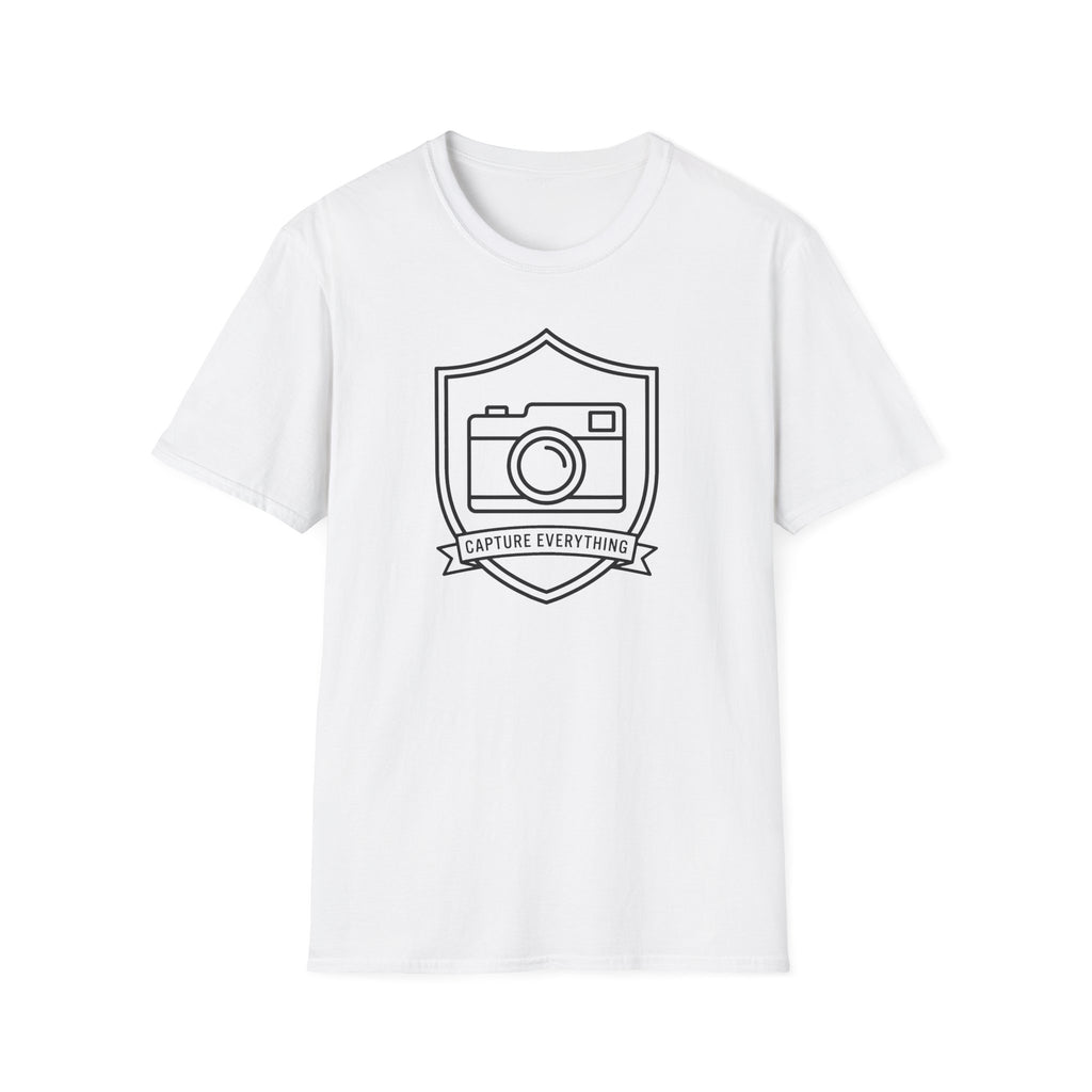 White T-shirt with front graphic of a camera inside a shield and banner