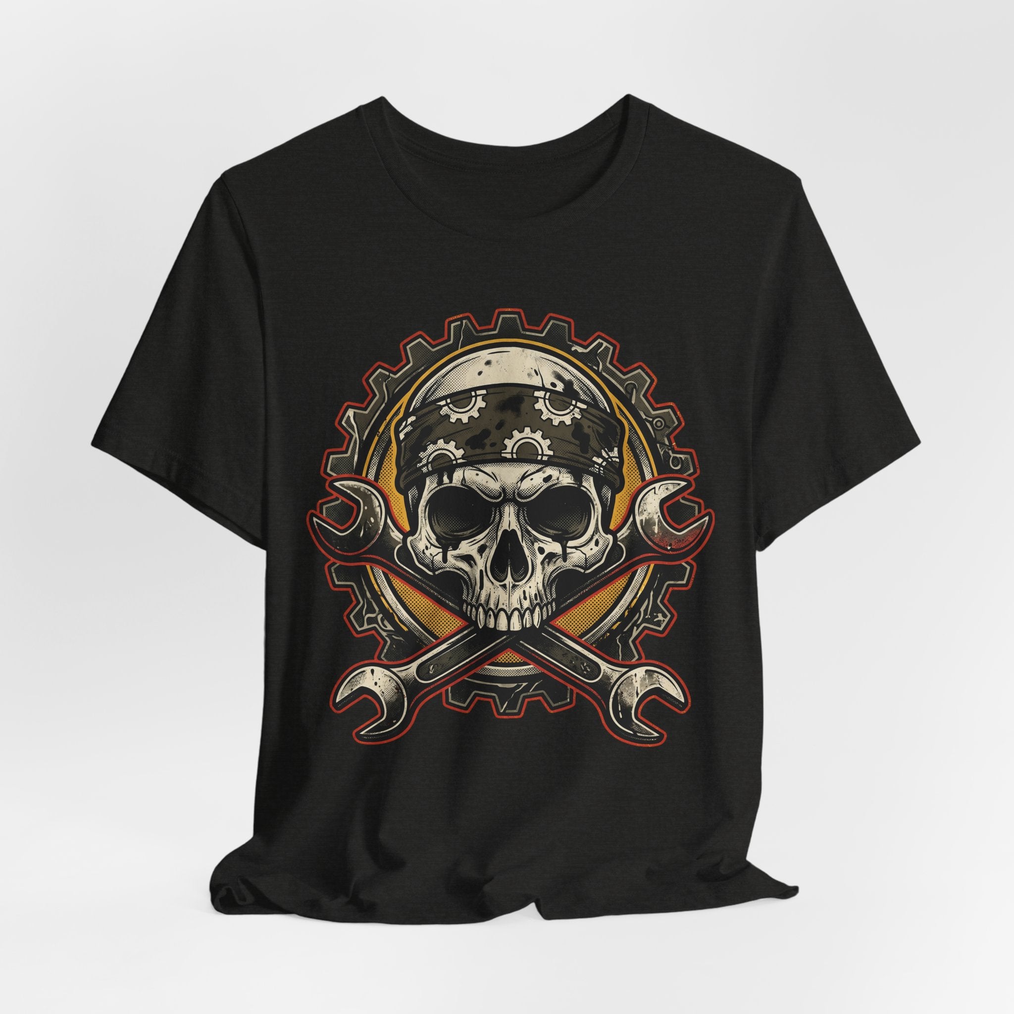 Black crewneck T-shirt with large biker skull logo and crossed wrenches