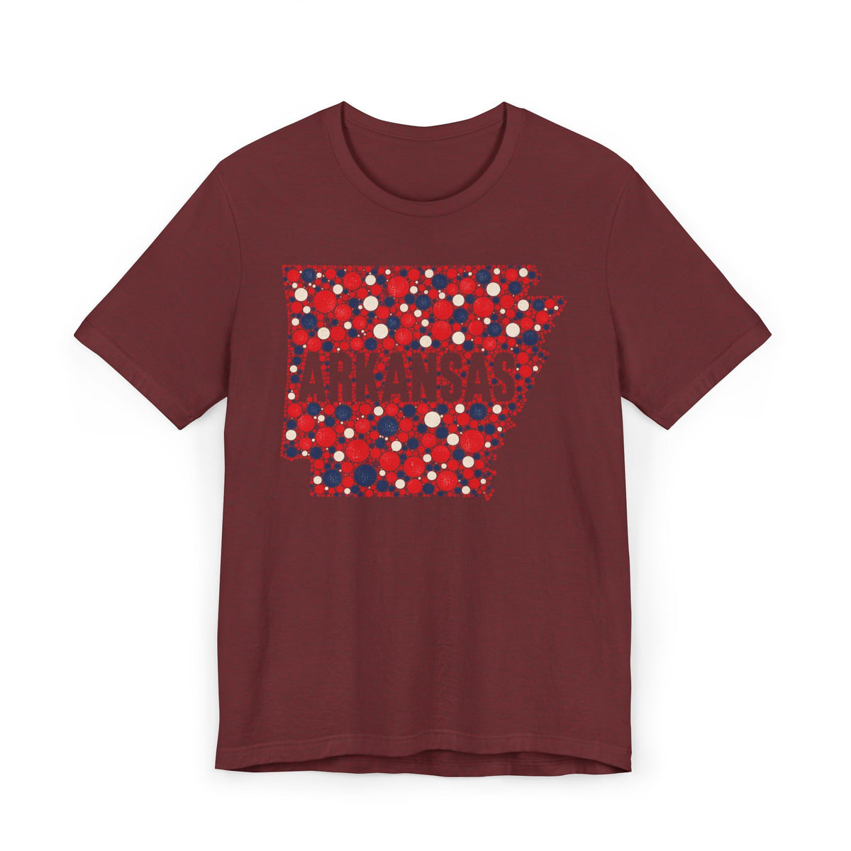 Burgundy T-shirt with red and blue floral dot Arkansas outline graphic