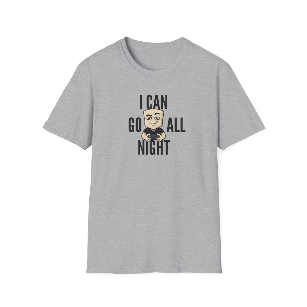 Light gray graphic T-shirt with "I CAN GO ALL NIGHT" gamer controller print.