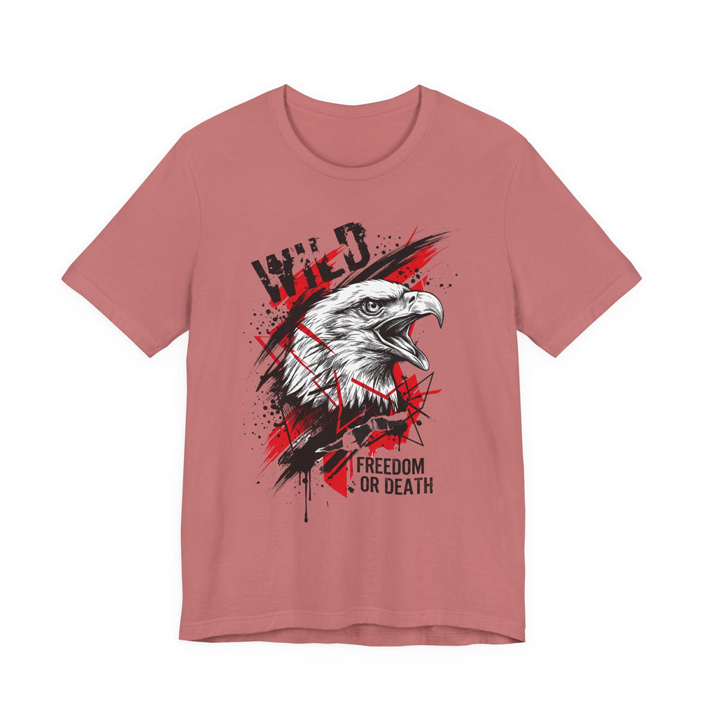 Dusty rose t-shirt with eagle head graphic and “Freedom or Death” text