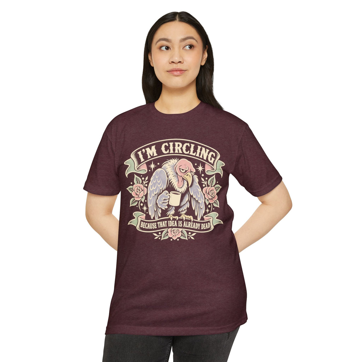 Maroon T-shirt with vulture graphic and I'm circling text
