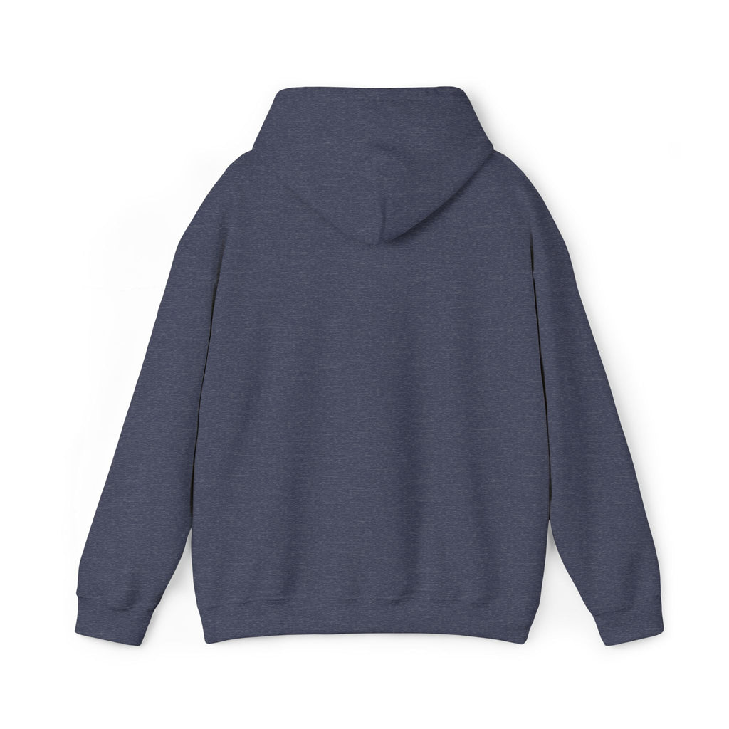 Dark navy pullover hoodie with drawstring hood and ribbed cuffs