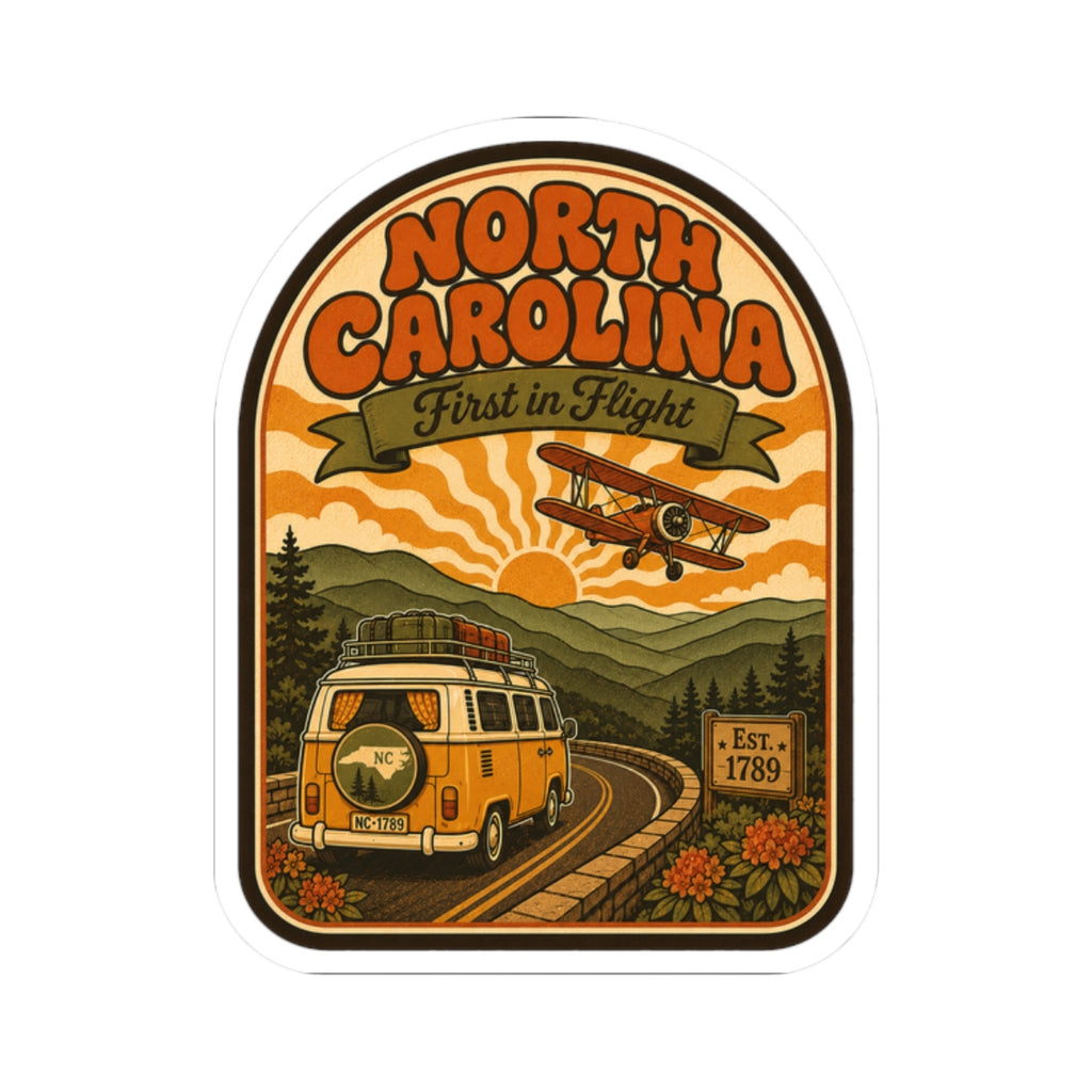 North Carolina vintage van, biplane, and EST. 1789 round sticker with white border