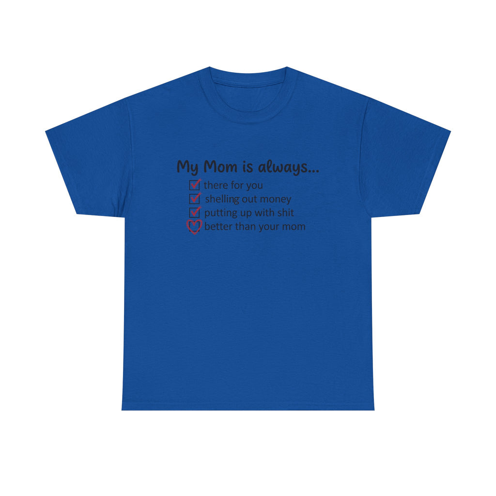Royal blue t-shirt with “My Mom is always…” checklist and heart icon graphic.