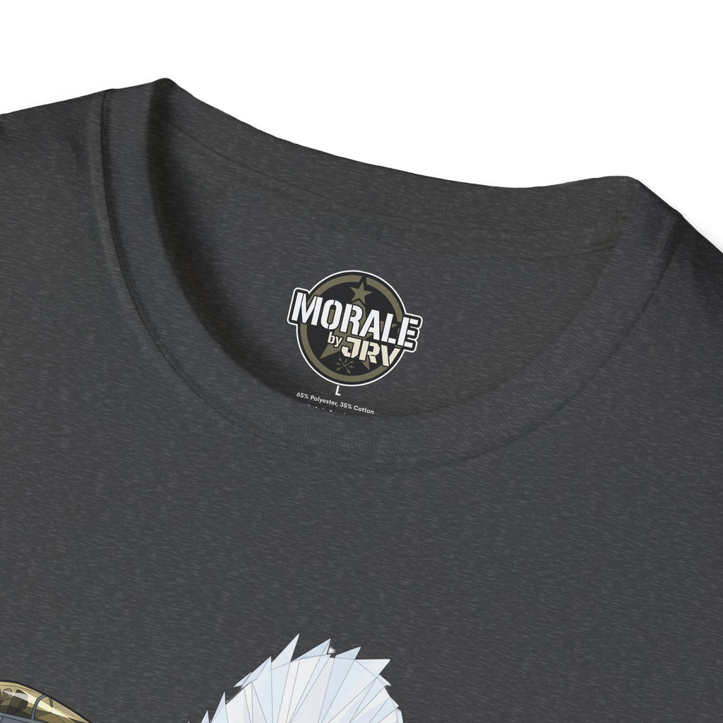 Dark gray crew-neck T-shirt with round “Morale by JRI” chest logo