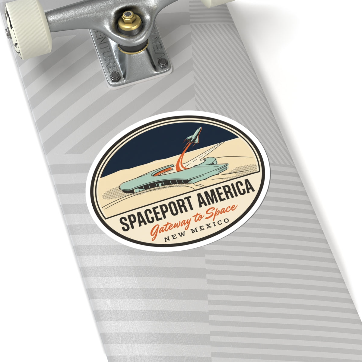 Close-up circular Spaceport America retro rocket kiss-cut sticker