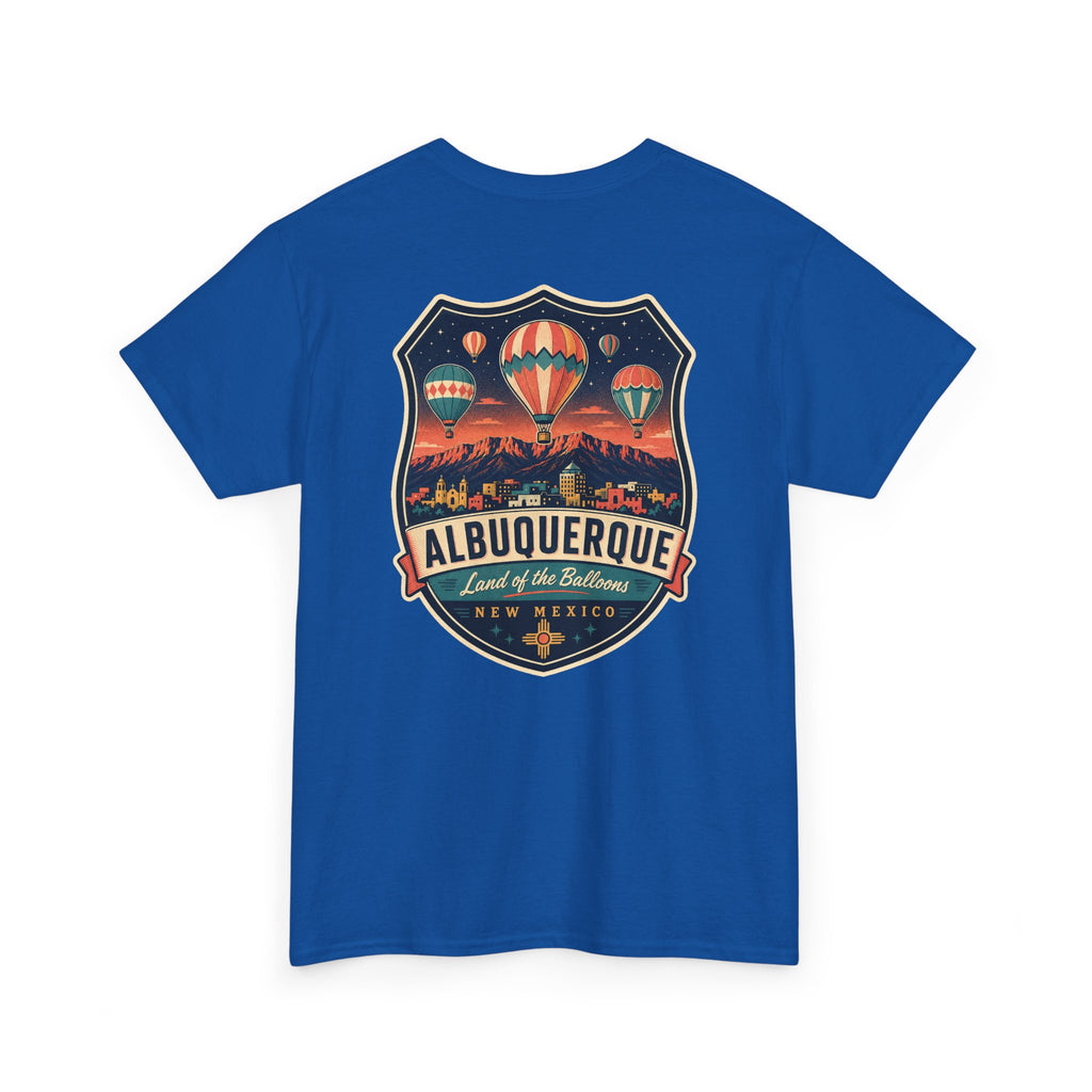 Royal blue T-shirt with Albuquerque hot air balloon badge graphic on chest