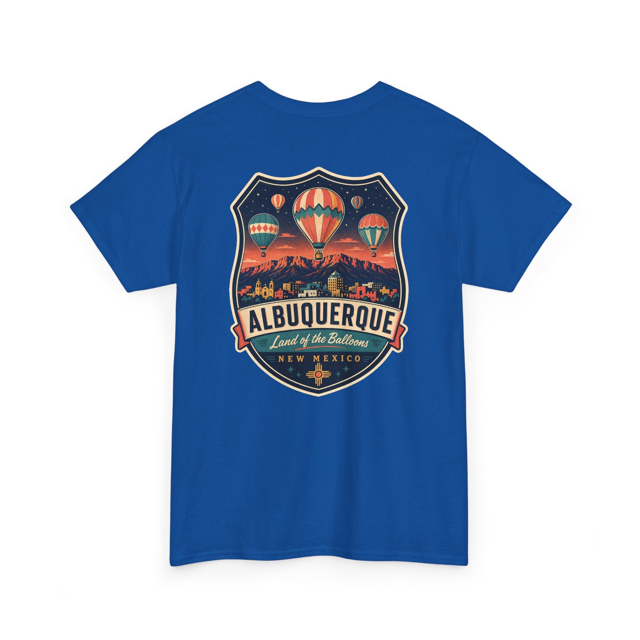 Royal blue T-shirt with Albuquerque hot air balloon badge graphic on chest
