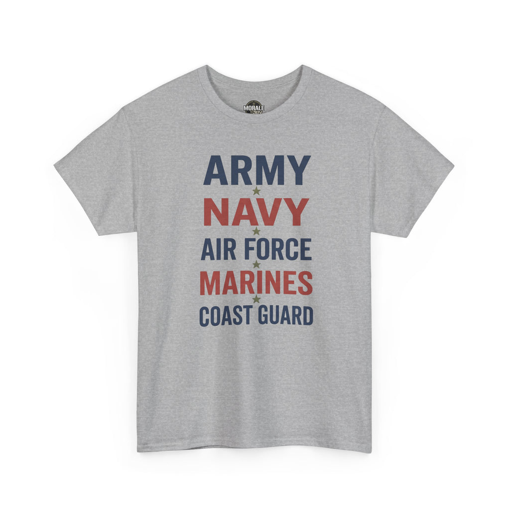 Heather gray crew-neck T-shirt with stacked Army Navy Air Force Marines Coast Guard text