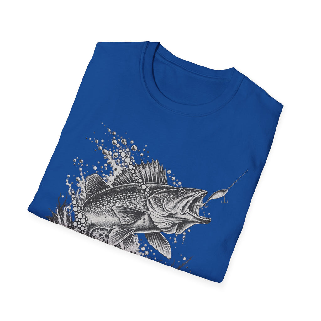Walleye fishing T-shirt in royal blue with front leaping fish graphic in white