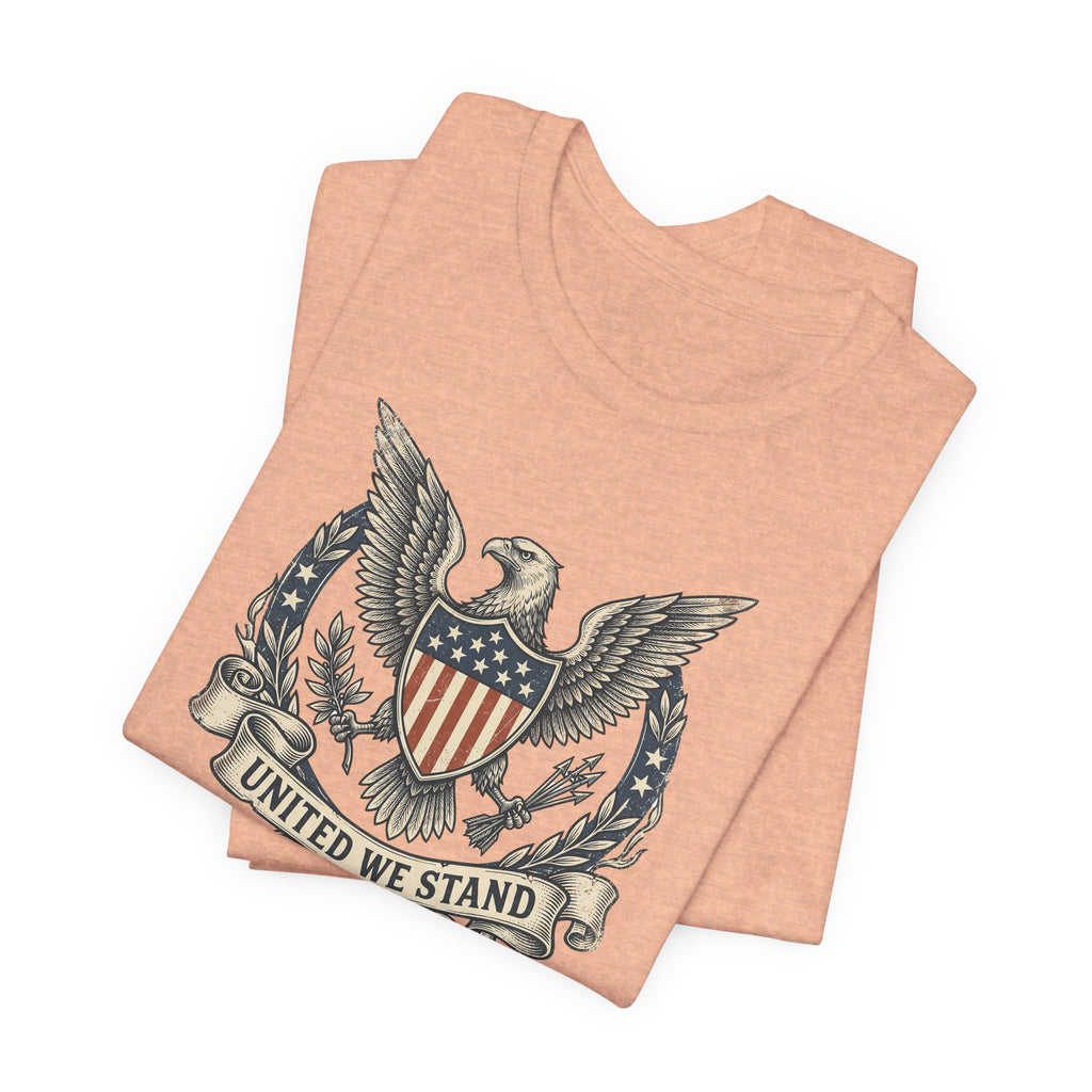 Coral crewneck T-shirt with United We Stand shield-and-eagle crest graphic
