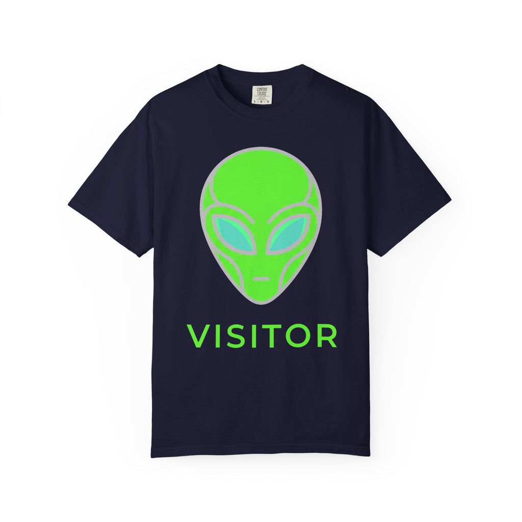 Alien visitor T-shirt in dark navy with neon green alien face and “VISITOR” text