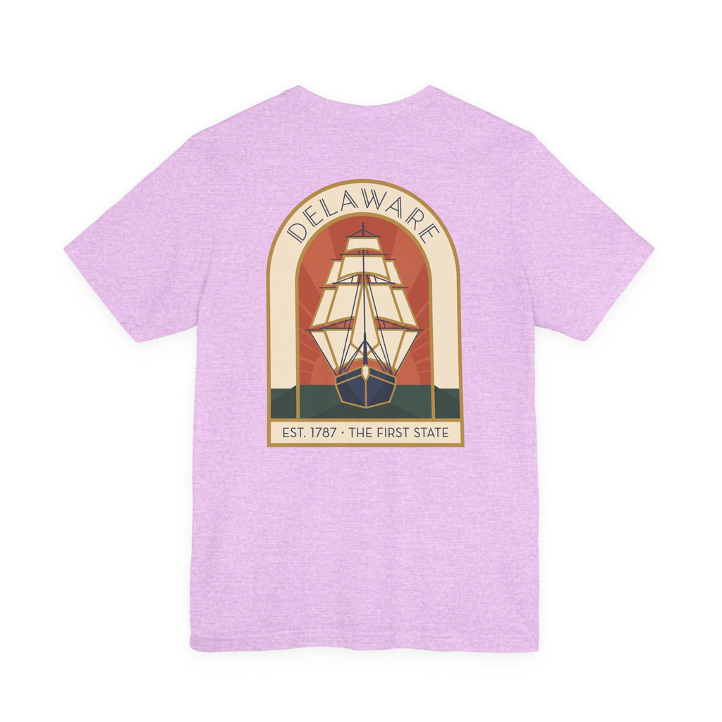 Light pink Delaware tall ship T-shirt with circular vintage graphic and EST 1787