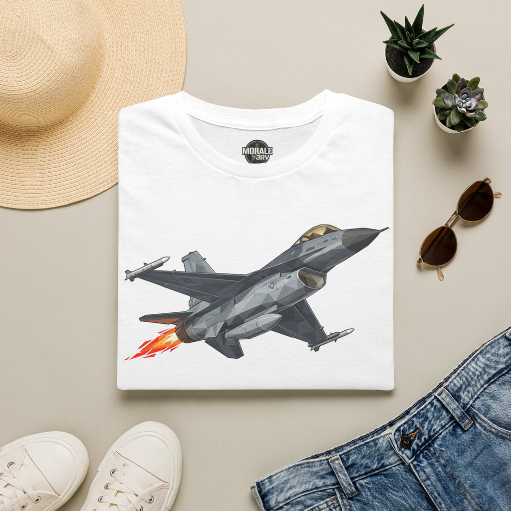 White crewneck T-shirt with F-16 fighter jet graphic and red flame detail