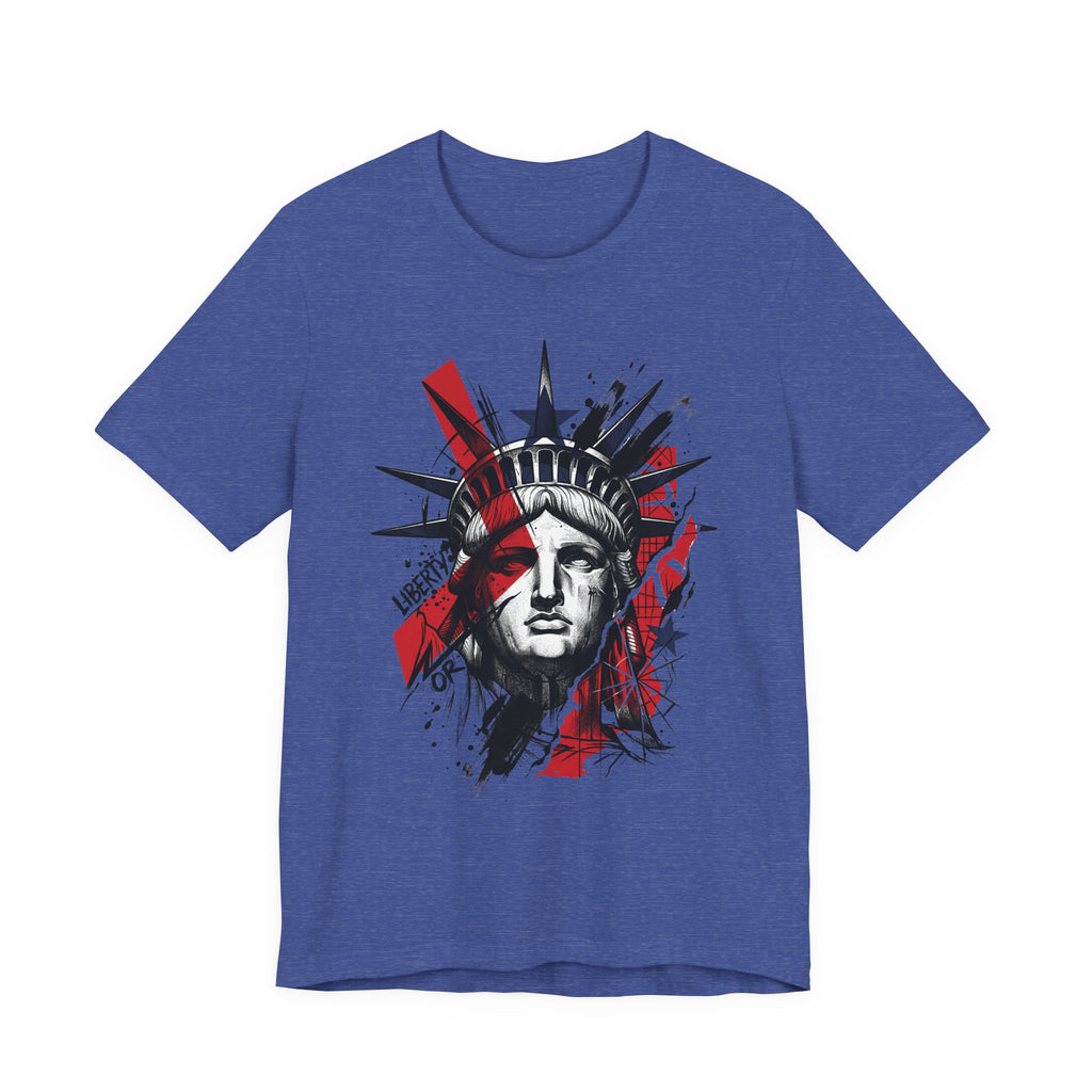 Royal blue graphic t-shirt with Statue of Liberty face illustration in red and black
