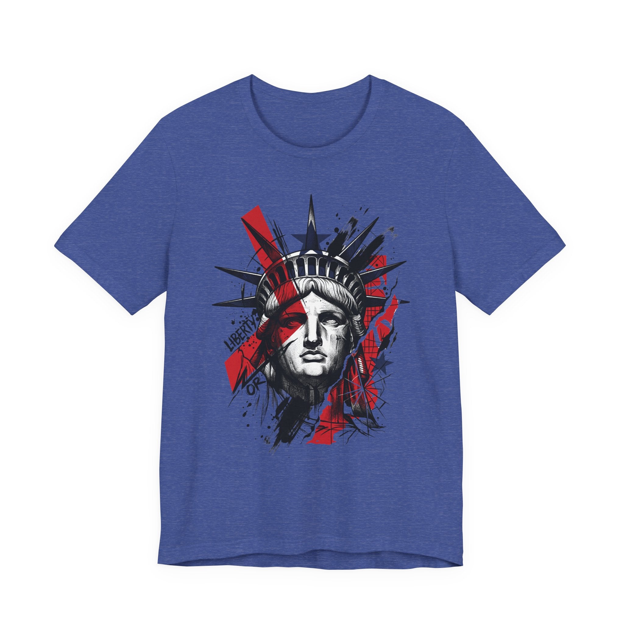 Royal blue graphic t-shirt with Statue of Liberty face illustration in red and black