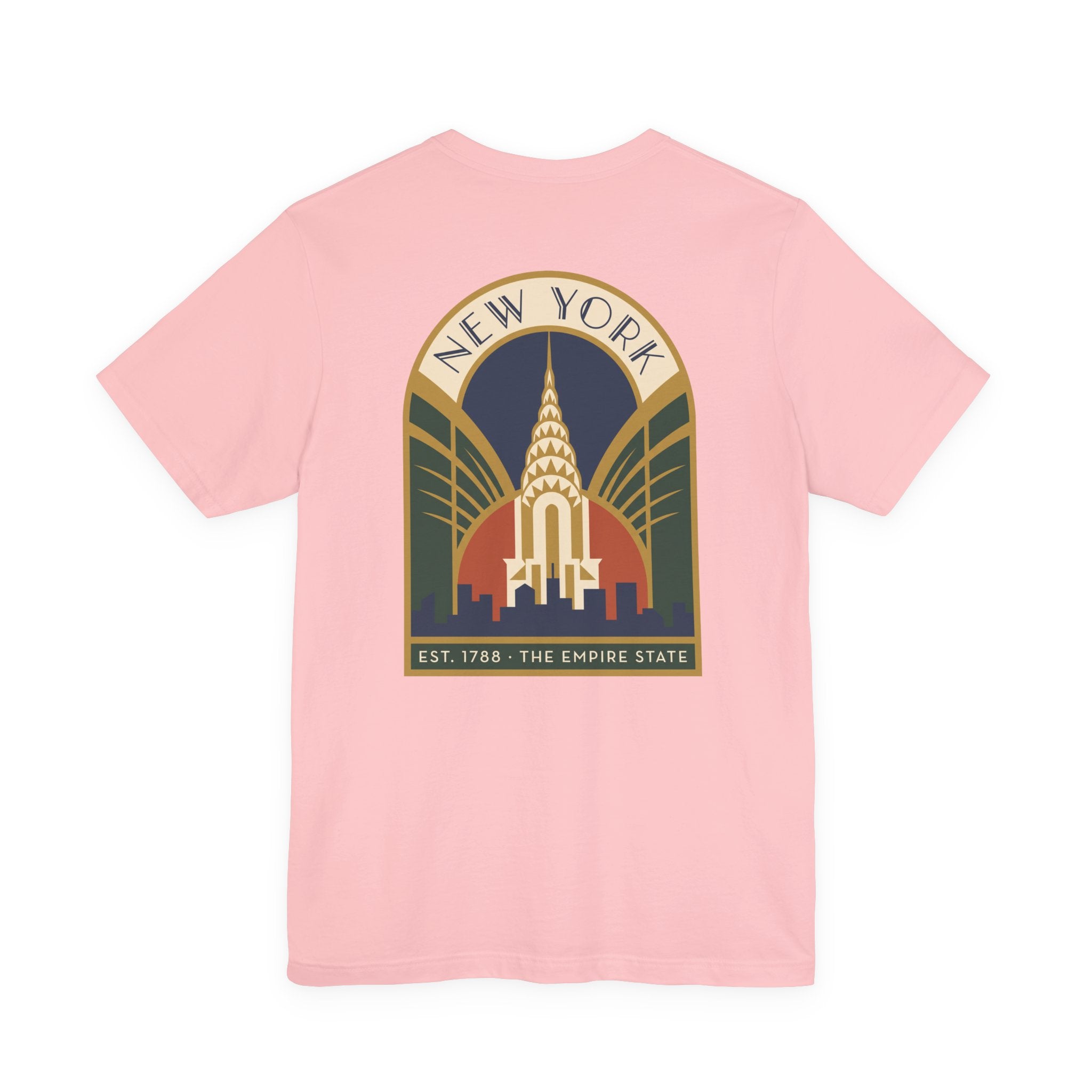 Light pink T-shirt with Art Deco New York skyline emblem graphic, arched text