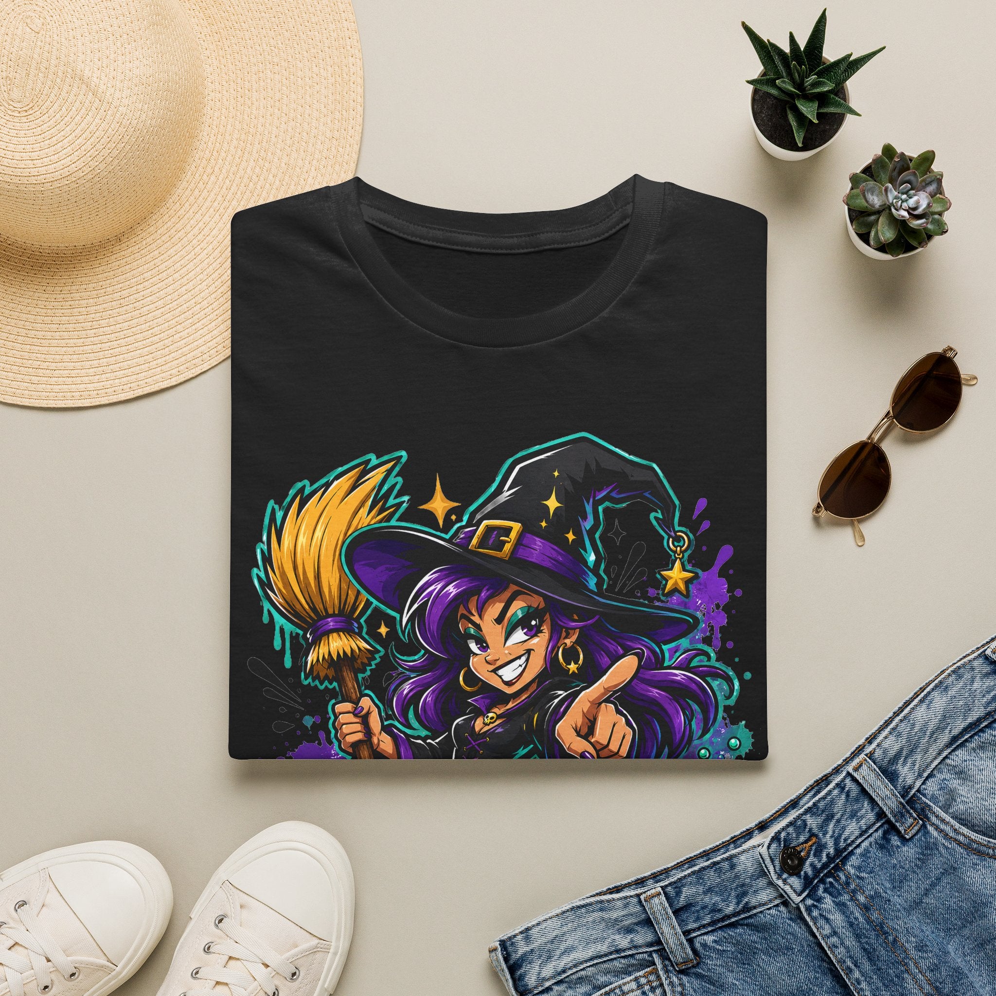Black T-shirt laid flat with colorful witch and candy graphic on the front