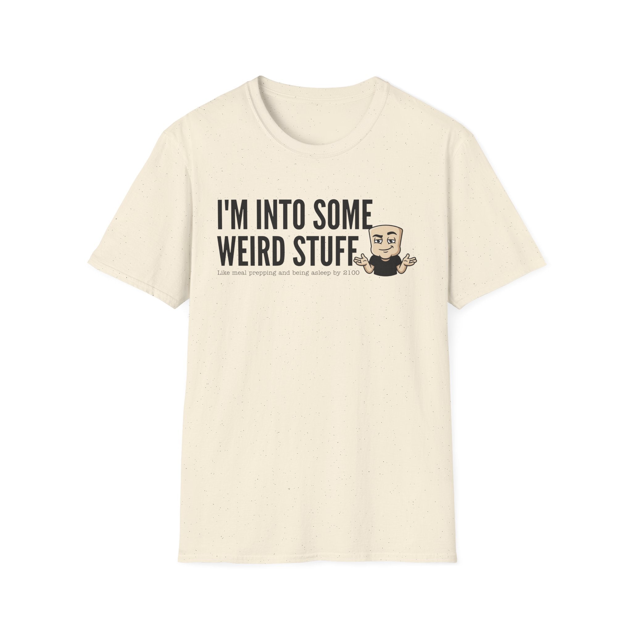 Cream T-shirt with weird stuff slogan and character graphic