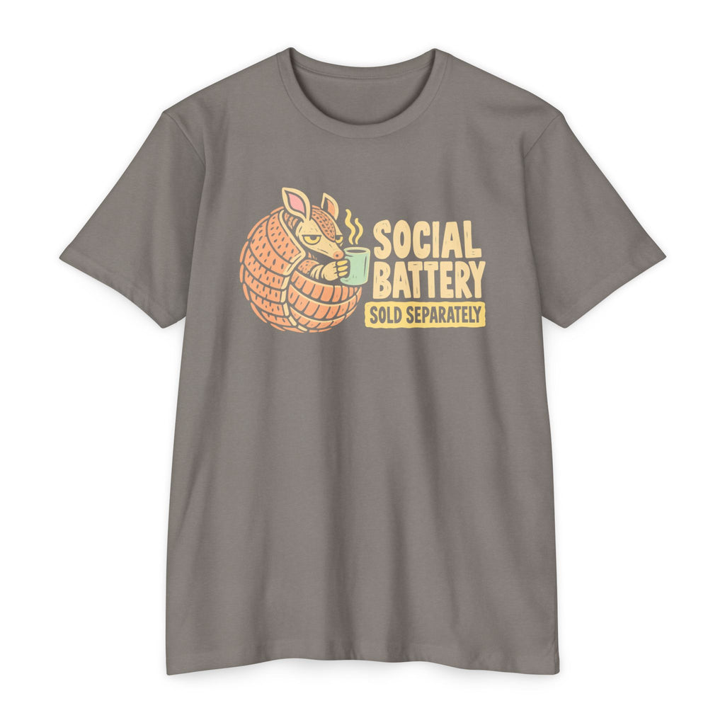 Light gray t-shirt with orange armadillo graphic and “SOCIAL BATTERY” text