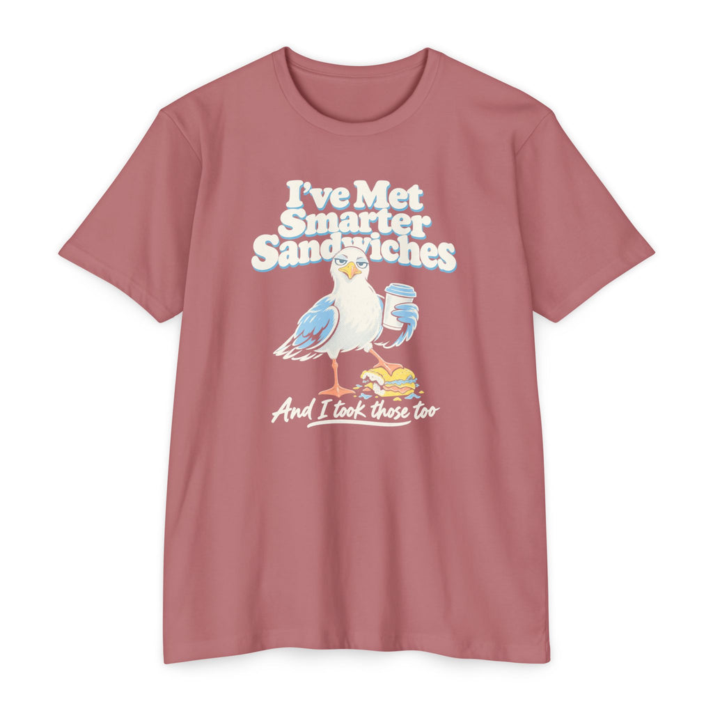 Rose pink short-sleeve T-shirt with seagull graphic and printed text on front