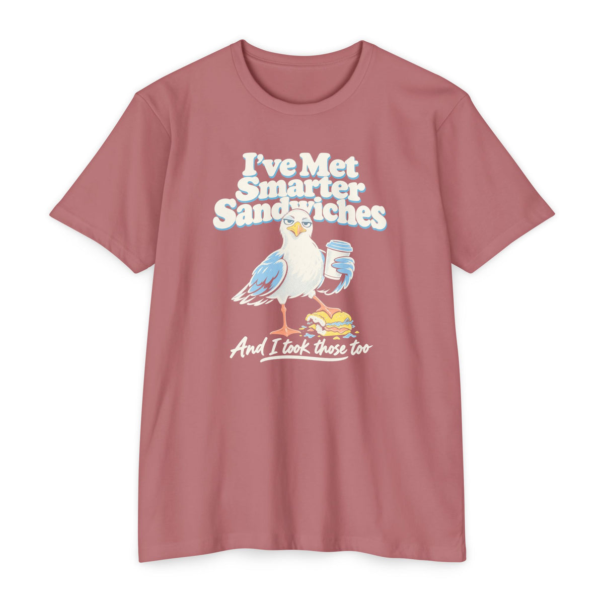 Rose pink short-sleeve T-shirt with seagull graphic and printed text on front