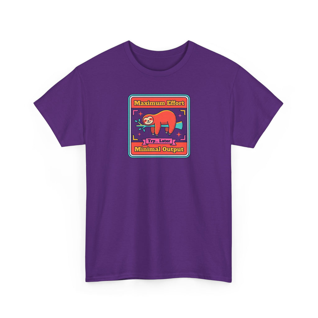 Purple short-sleeve crewneck T-shirt with sloth graphic patch