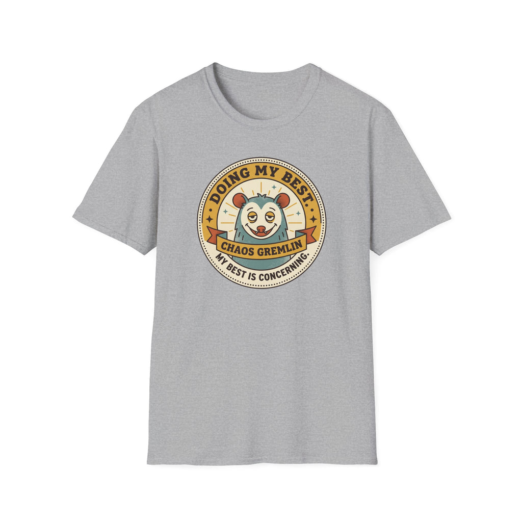 Light gray crewneck T-shirt with circular cartoon gremlin graphic centered on front