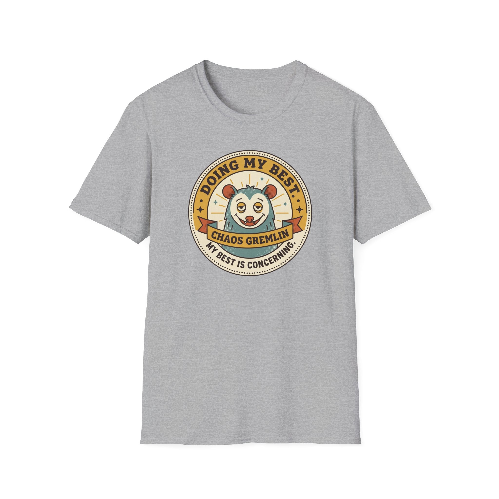 Light gray crewneck T-shirt with circular cartoon gremlin graphic centered on front